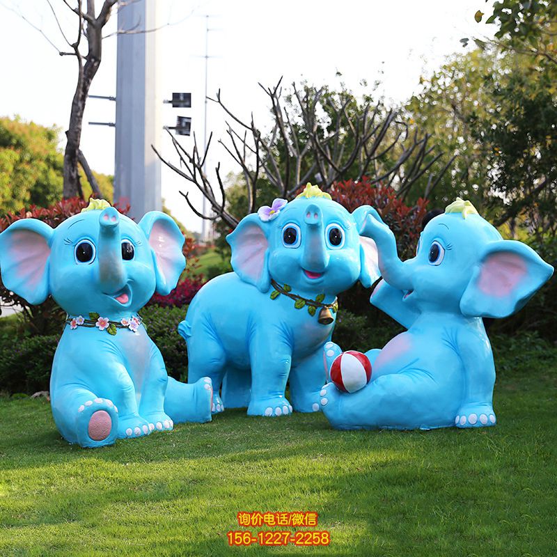 公園戶外玻璃鋼卡通三只玩耍的玻璃鋼藍色大象雕塑 公園戶外玻璃鋼卡通三只玩耍的玻璃鋼藍色大象雕塑